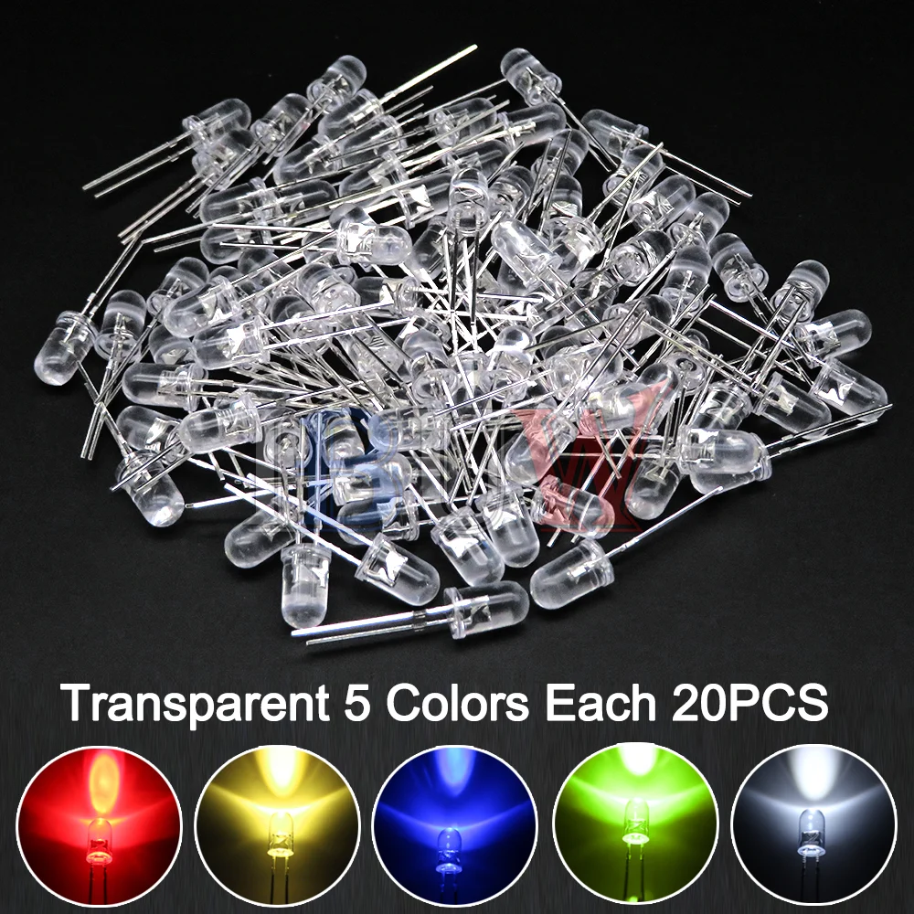100 개/몫 5mm LED 다이오드 F5 모듬 키트 IBUW 흰색 녹색 빨간색 파란색 노란색 오렌지 핑크 보라색 따뜻한 흰색 DIY 발광 다이오드