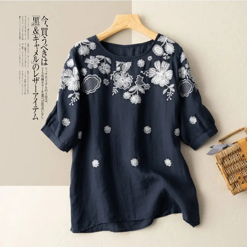 

Fashion O-Neck Loose Short Sleeve Embroidery Blouse Women's Clothing 2023 Summer New Oversized Casual Pullovers All-match Shirt