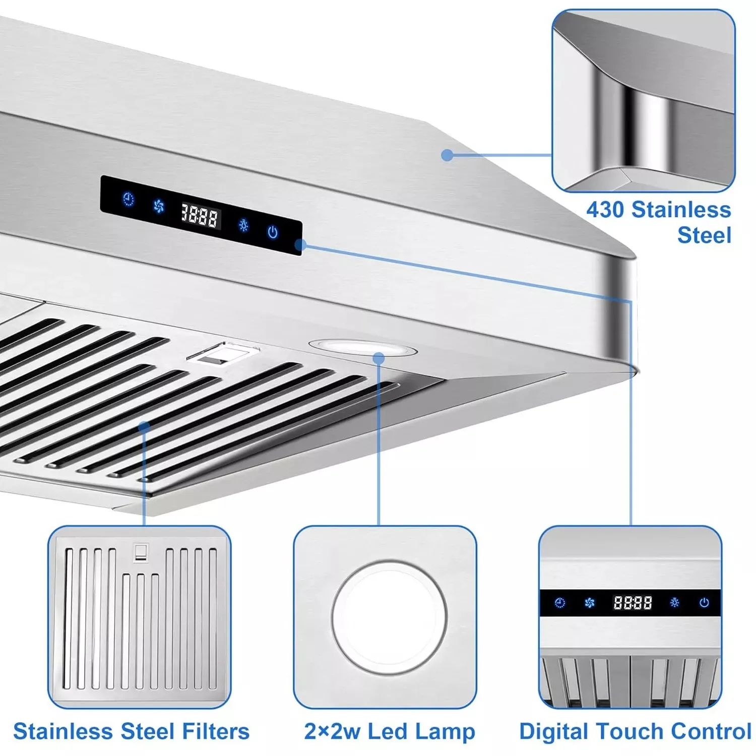 Tieasy 30 inch 600CFM Under Cabinet 3-Speed Touch Control Vent Range Hood USUC702B 4