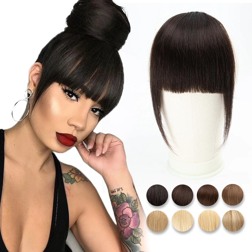 Frange de cheveux humains coupe émoussée 3D, cheveux naturels, clip sur la tête, extensions de cheveux, non-remy, noir, marron, blond, 3 clips, 2.5 po x 4.5 po