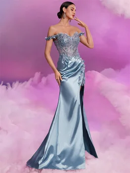 فساتين سهرة فاخرة من الساتان حورية البحر باللون الأزرق 2025 للنساء بدون أكمام ورقبة على شكل V وفتحة من التل فستان طويل للحفلات الراقصة 5