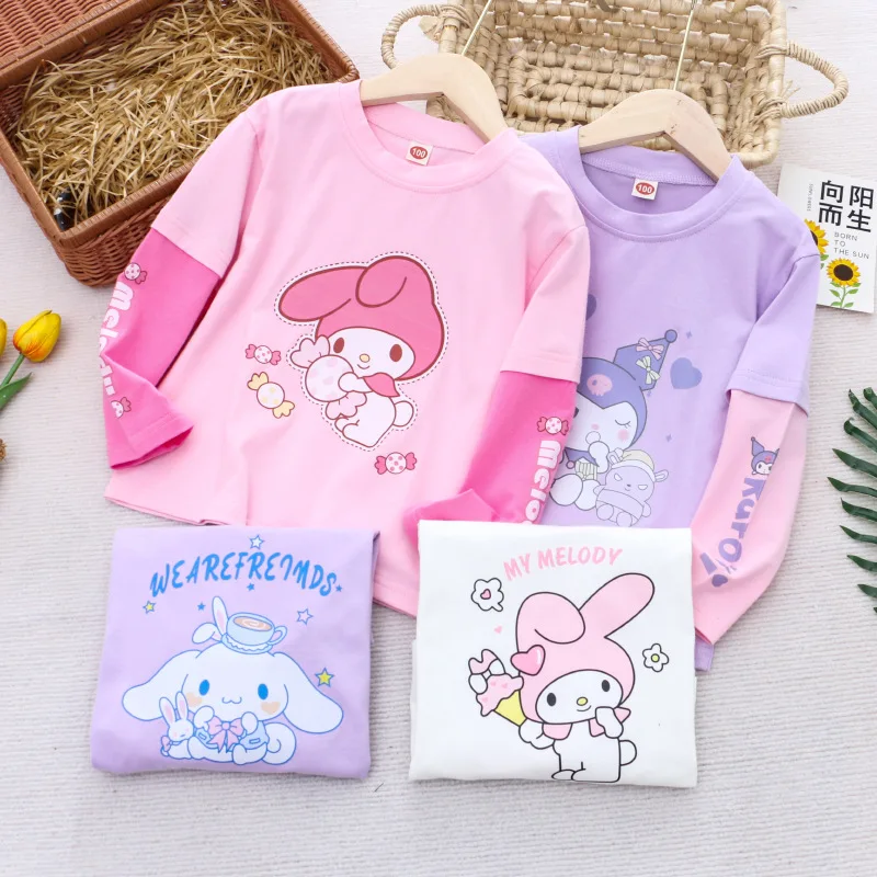 

2024 Cute My Melody Long Sleeve T-Shirt Sanrio Kawaii Anime Kuromi Cinnamoroll Print Tops Girl Heart Summer Sweet Kids Clothes