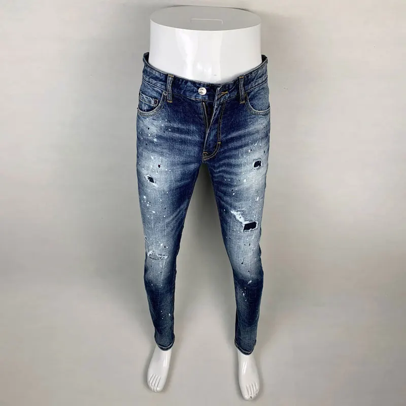 high street fashion men jeans retro light blue painted designer skinny fit ripped jeans men elastic stretch hip hop pants hombre High Street Fashion Men Jeans Retro Blue Stretch Skinny Fit Painted Ripped Jeans Men Patched Designer Hip Hop Brand Pants Hombre