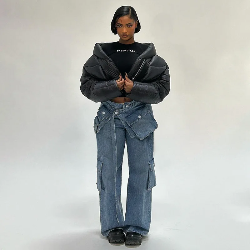 Irregular Patchwork Multi Pockets Straight Denim Cargo Pants 2023 Winter Fashion High Waist Medium Strecth Jeans Streetwear