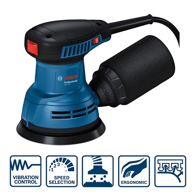 

Электрический шлифовальный станок Bosch Gex 125, профессиональный эксцентриковый шлифовальный станок, шлифовальный станок 290 Вт с низкой вибрацией, полировальный вакуумный инструмент