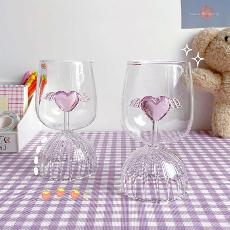 Kawaii Flying Heart Glass Cup Iced Wine Bubble Tea Coffee Milk Beer  Drinking Glasses Clear Vintage