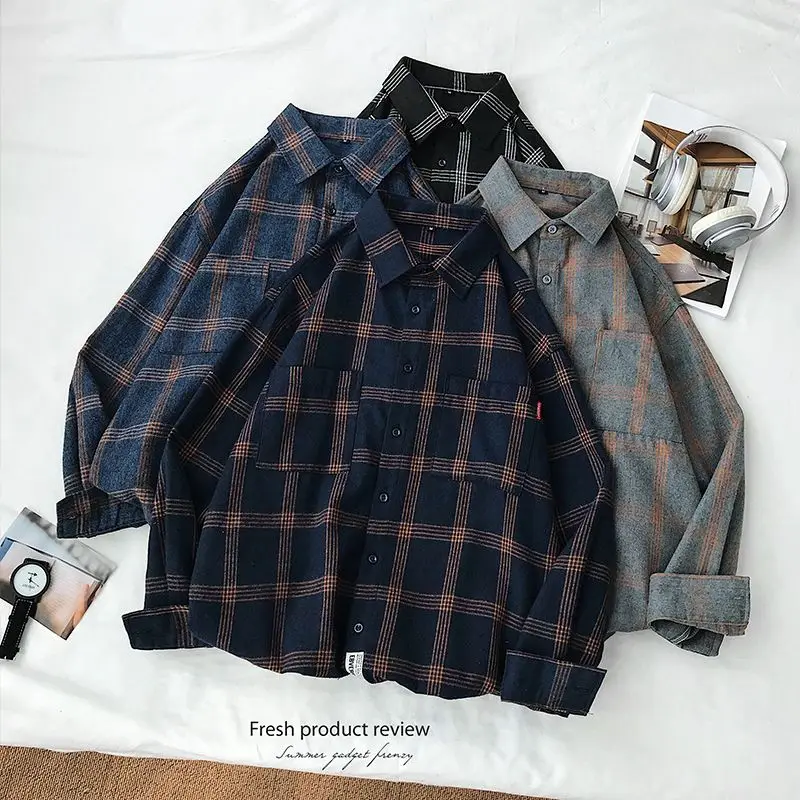 2023 New Men's Clothing Shirt Long Sleeve Square Collar Spring Autumn Loose Fashion Casual Plaid All-match Button Tops