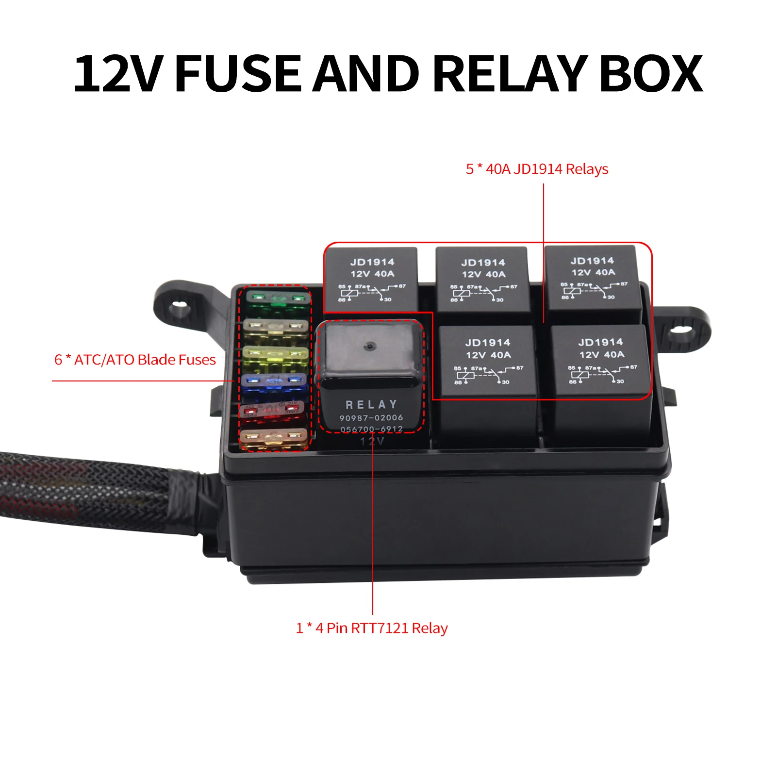 40A Relay Fuse Box - 6 Slot Automotive Universal Relay Box With ATC/ATO Fuses & 4/5 Pin Relays, 12V