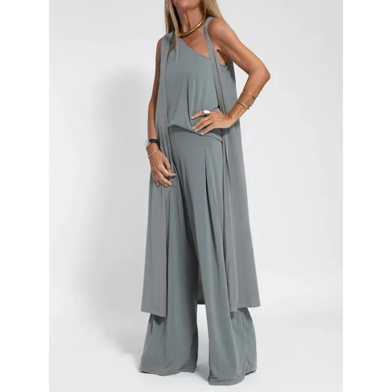 

Elegant Fashion One Shoulder Shirt Top + Cardigan CoverUp + Wide Leg Pants Loungewear Spring Autumn 3 Piece Pajamas Set Homewear