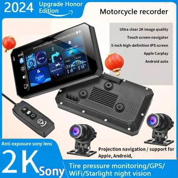 New 5 Inch 2 lens Motorcycle DVR Recorder 2K Wireless CARPLAY Moto Android Auto With WIFI GPS Motorcycle Tire Pressure Monitor