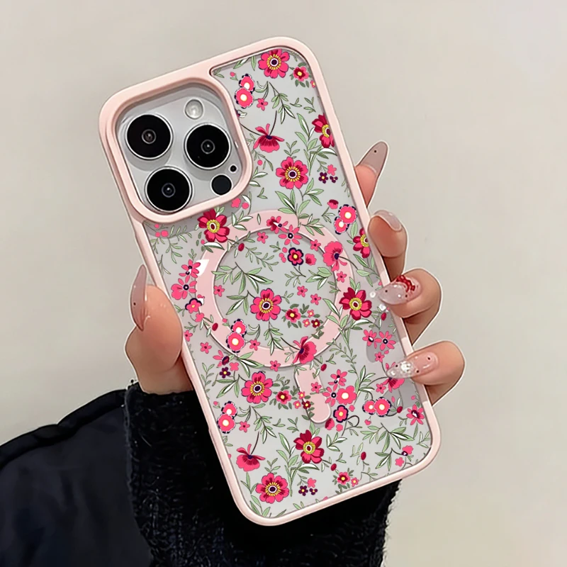 Magnetic Clear Phone Case with Green Leaf & Pink Floral Design
