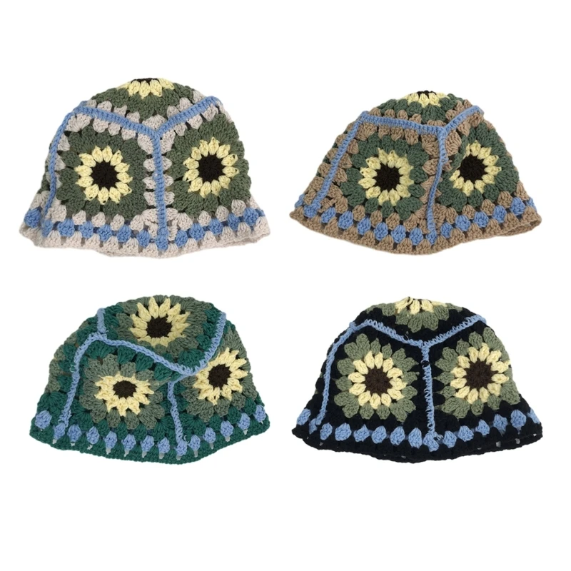 

Handmade Knit Bucket Hat for Woman Teenagers Outdoor Floppy Flower Fisherman Hat Wide Brim Spring Summer Anti-Uv Hat