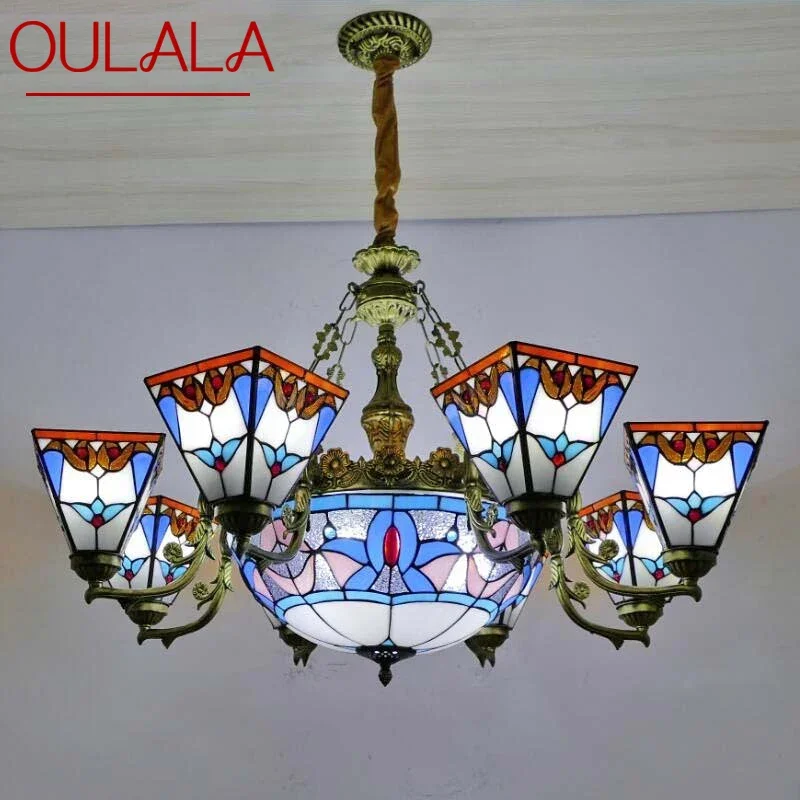 

OULALA Tiffany European Living Room Pendant Lamp American Chandelier Bedroom Restaurant Bar Caf é Colour Glass Chandelier