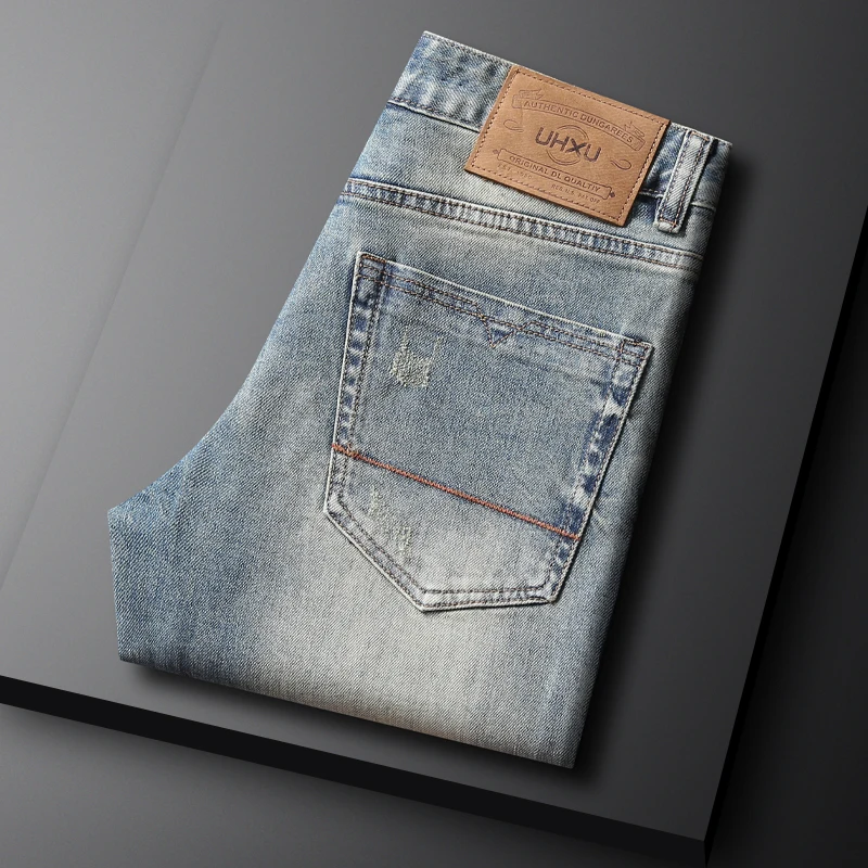 Fashion Designer Men Jeans High Quality Retro Washed Blue Stretch Slim Fit Ripped Jeans Men Vintage Trousers Denim Pants Hombre