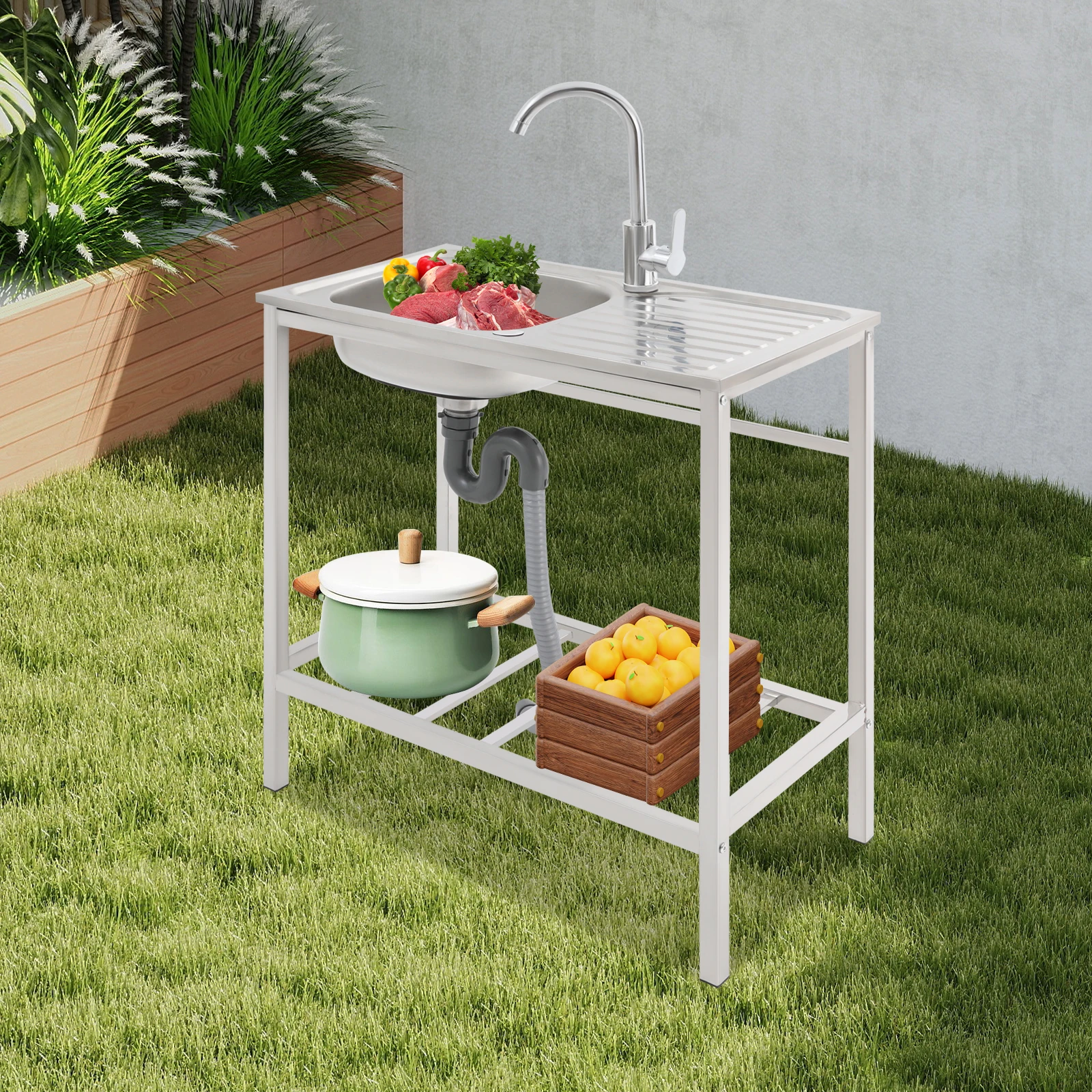 29.5*15.7*29.5in Kitchen Single Bowl Sink Free Standing Sink with Operation Countertop and Bottom Shelf 360° Adjustable Faucet - Image 2