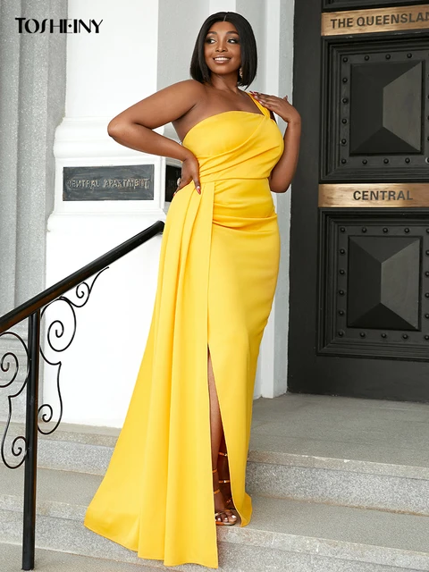 One Shoulder Women's Plus Yellow Dress One-Shoulder Layered