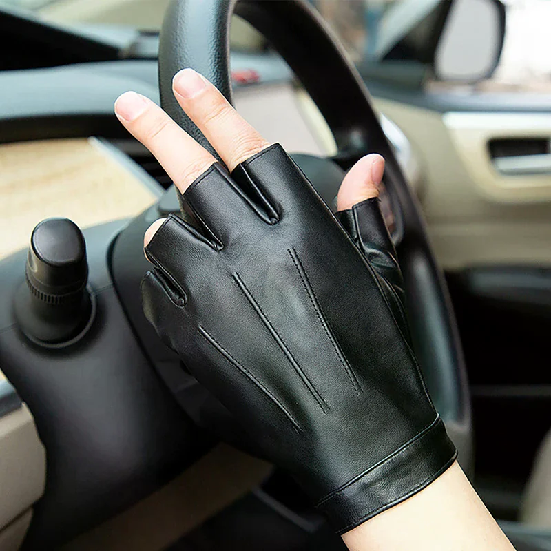 Fingerless Men Gloves PU Leather Motor Punk Gloves Male Mittens Black Half Finger Outdoor Tactical Mens Leather Driving Gloves - 3