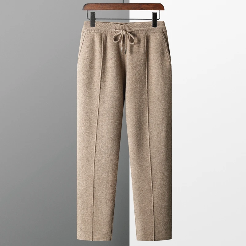 Autumn Winter 100% merino Wool Men's Wool Pants Thickened Knitted Long Pants Slim Fitting Solid Color Warm Flat Corner Pants 2