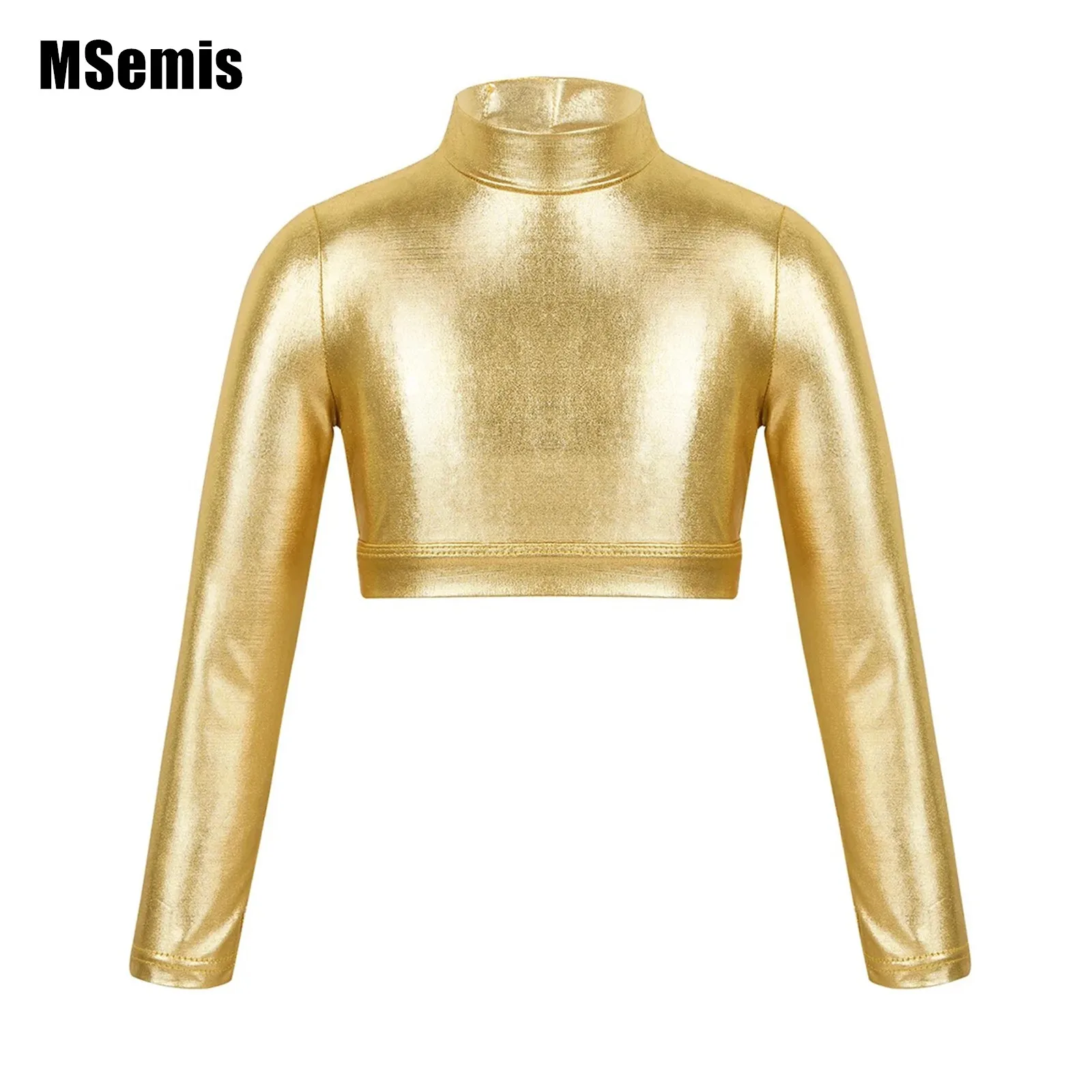 

Kid Girl Ballet Dance Gymnastics Leotard Clothes Glossy Metallic Long Sleeves Crop Tops for Workout Stage Performance Dancewear