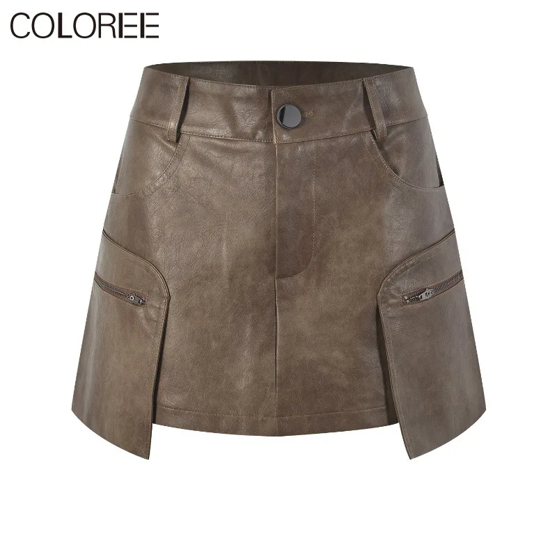 

Irregular PU Leather Skirts for Women 2023 Autumn Winter Elegant High Waist Mini Skirt Korean Fashion Brown Saias Femininas