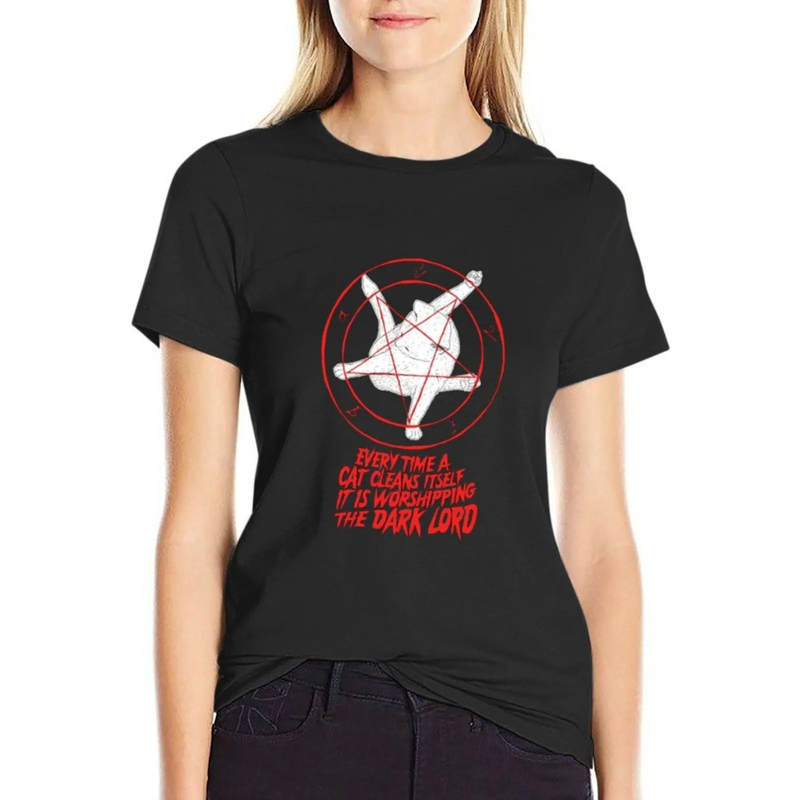 

Satanic cat T-Shirt summer tops funny rock and roll t shirts for Women