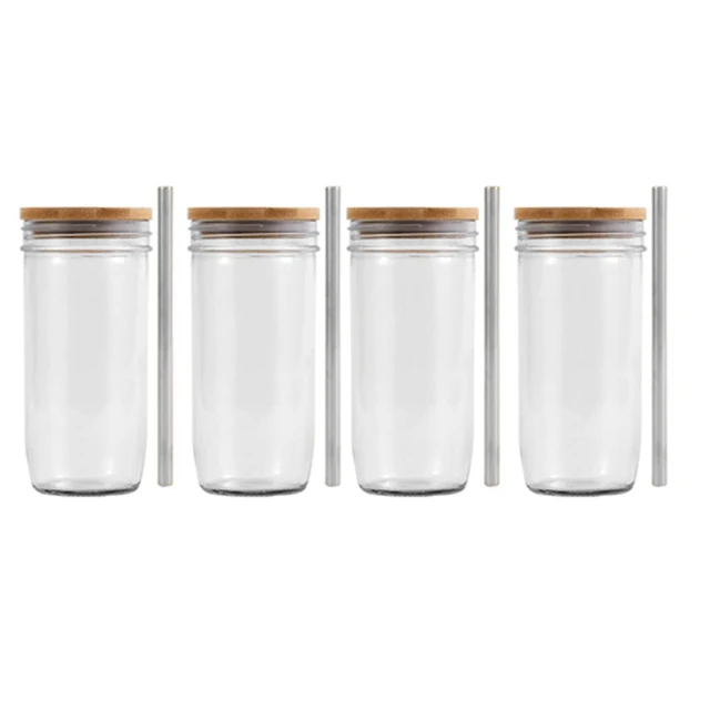 Glass Tumbler Bamboo Lid Straw - 4pcs Set Glass Cup Lid Drinking Tumbler  Beer - Aliexpress