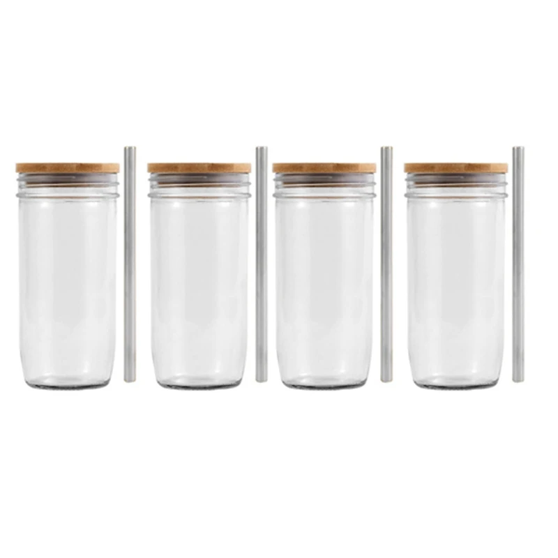 White Gold Glass Mason Jar with Metal Lid & Rack (4pcs with Straw