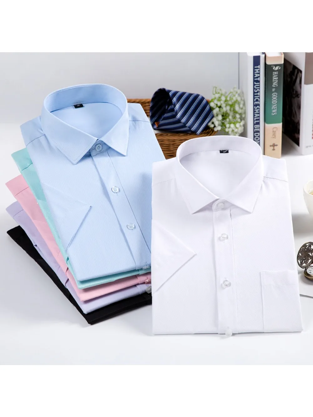 

Summer Men's Casual Business Short Sleeve Anti-wrinkle Shirt Slim Professional Dress Solid Color Cotton Interview Shirt Tooling