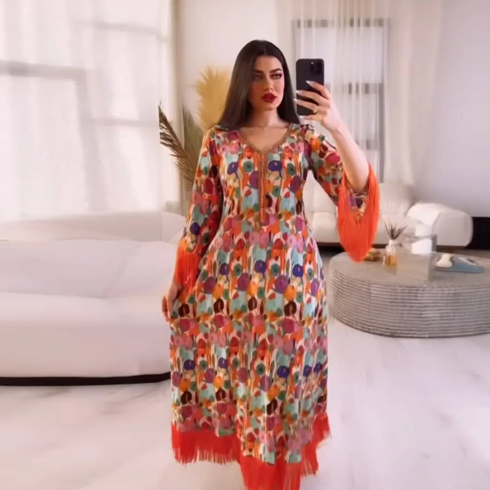 Muslim Dress Dubai Luxury Print Casual Abayas for Women Jalabiya 2024 New Morocco Party Tassel Dresses Kaftan Islam Vestido Arab