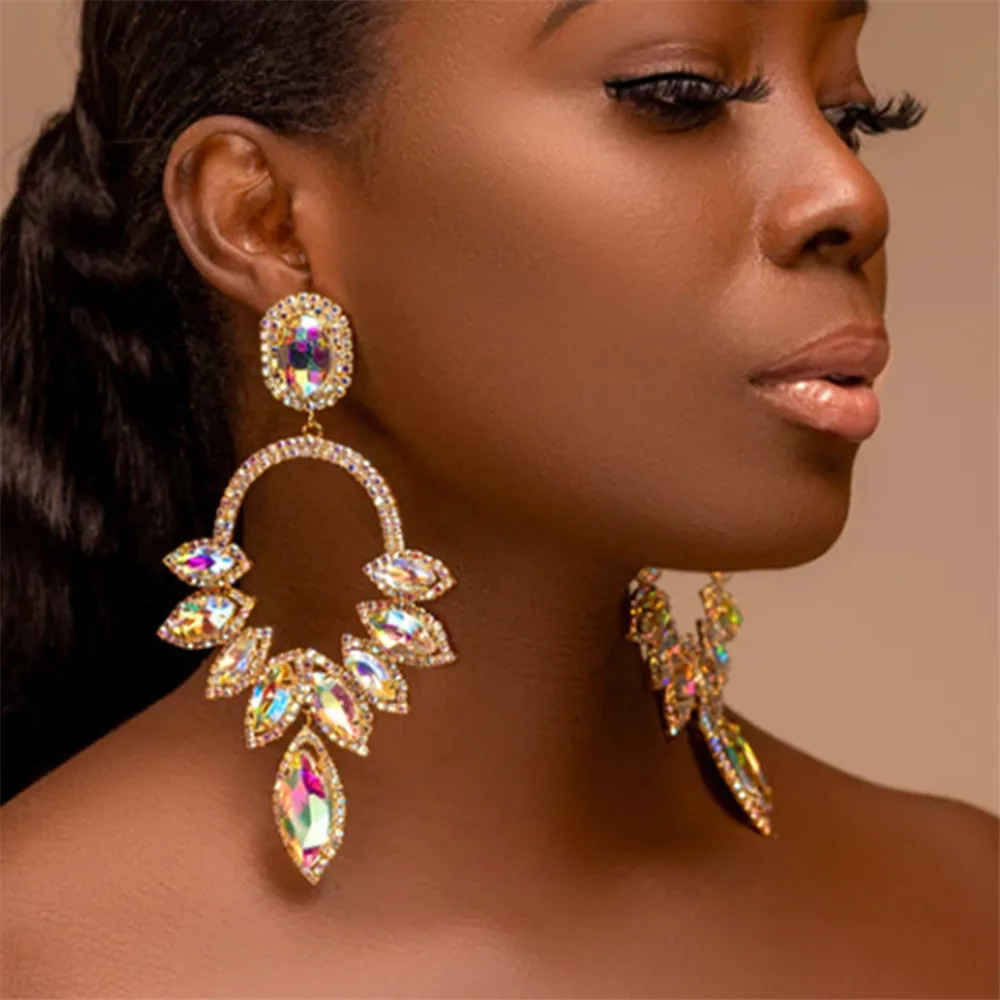 Multicolor Rhinestone Hollow Leaf Dangle Earrings Evening Dress Jewelry