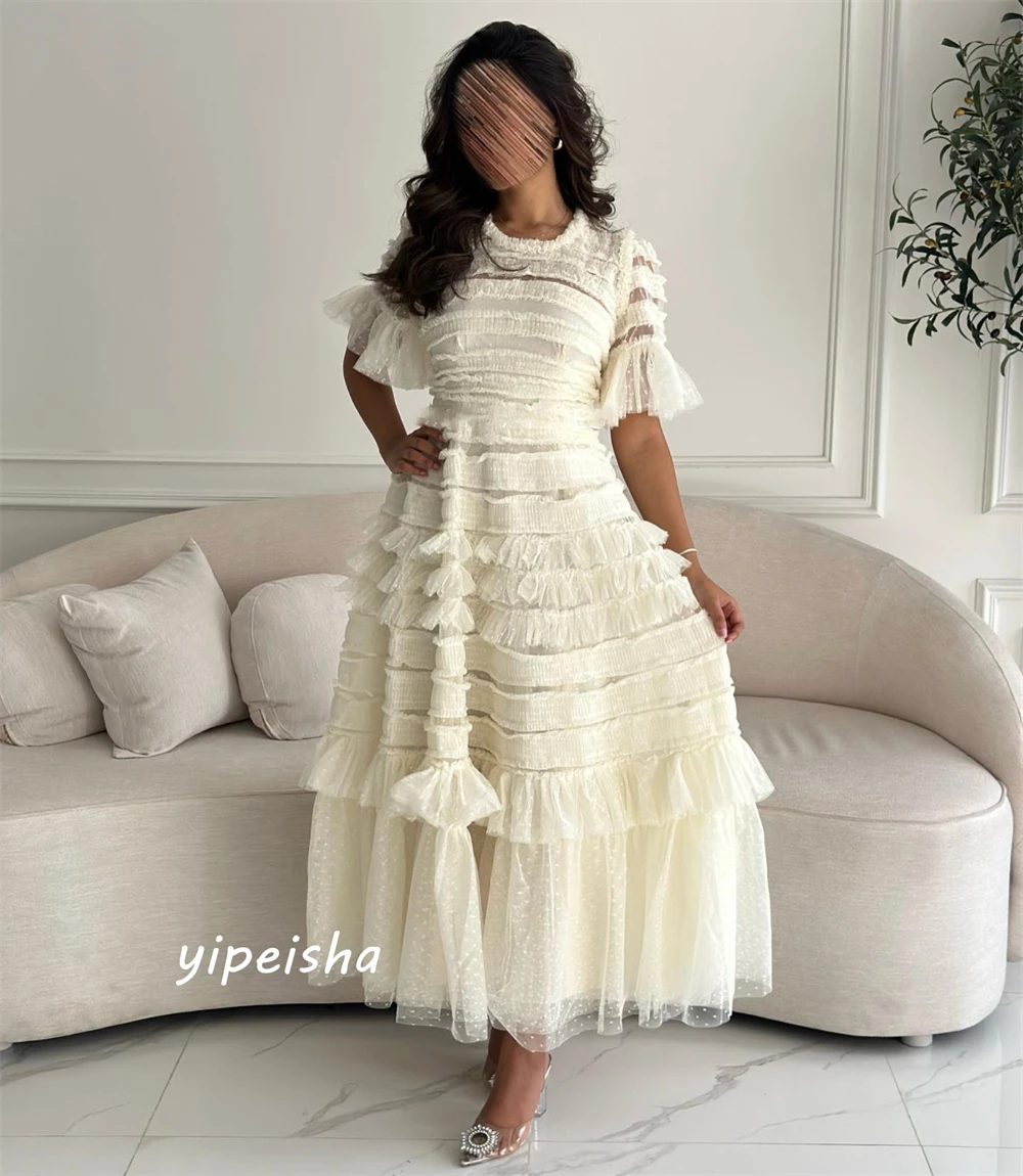 Prom Dress Saudi Arabia Fashion Sizes Available Jewel A-line Layered Draped Anke Length Skirts Net/Tulle Evening Dresses
