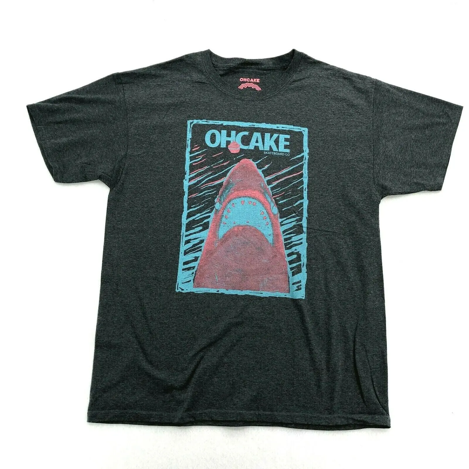 Ohcake Shirt Uomo Large Grey Skateboard Co Jaws Street Wear Skater Shark Tee Maniche Lunghe
