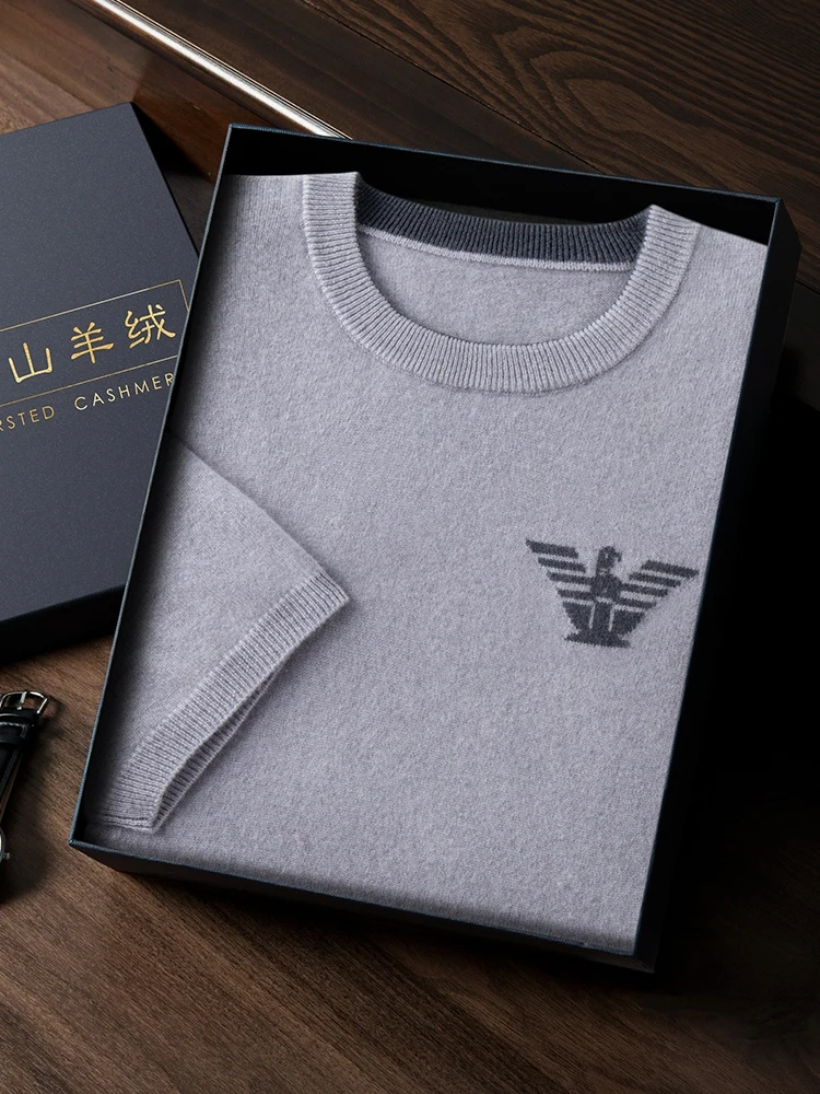 Fashion Spring Summer Men's 100% Cashmere O-Neck Knitted Sweater Classic Pattern Short Sleeve Shirt Man Clothes Loose Pullover