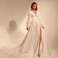Chic V-neck Full Sleeves Boho Wedding Gowns High Split Chiffon Bride Gown 2023 Long Train Bohemian  Dress vestido de novia 1