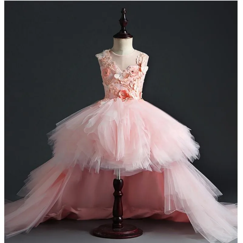 Girl Wedding Party Flower Girl Dresses Pink Tulle Trailing Princess Gown Beaded Floral Girls Pageant First Communion Gown