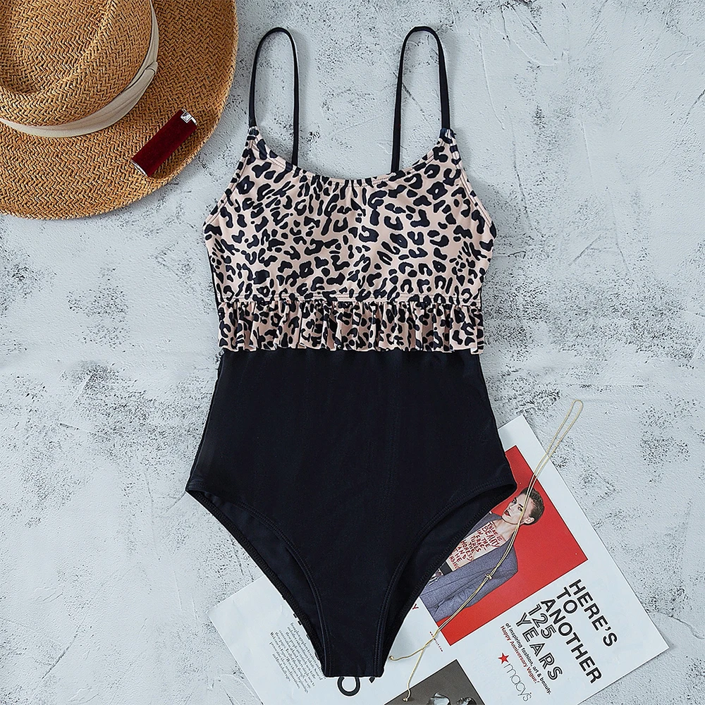 Leopard Ruffle Trim Women Swimsuit Bikini High Waist One Piece 2022 Summer Female Bikini Bathing Suits Beach Wear
