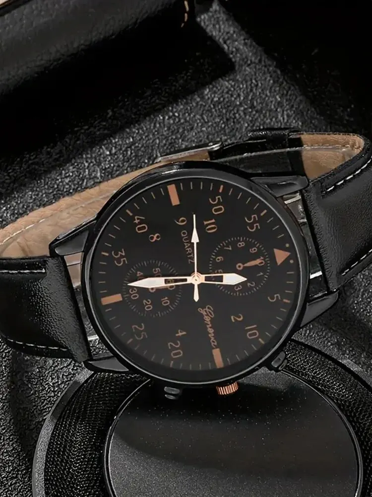 4pcs Fashion Business Leisure Round Men's Belt Quartz Watch with Woven Bracelet Set 4