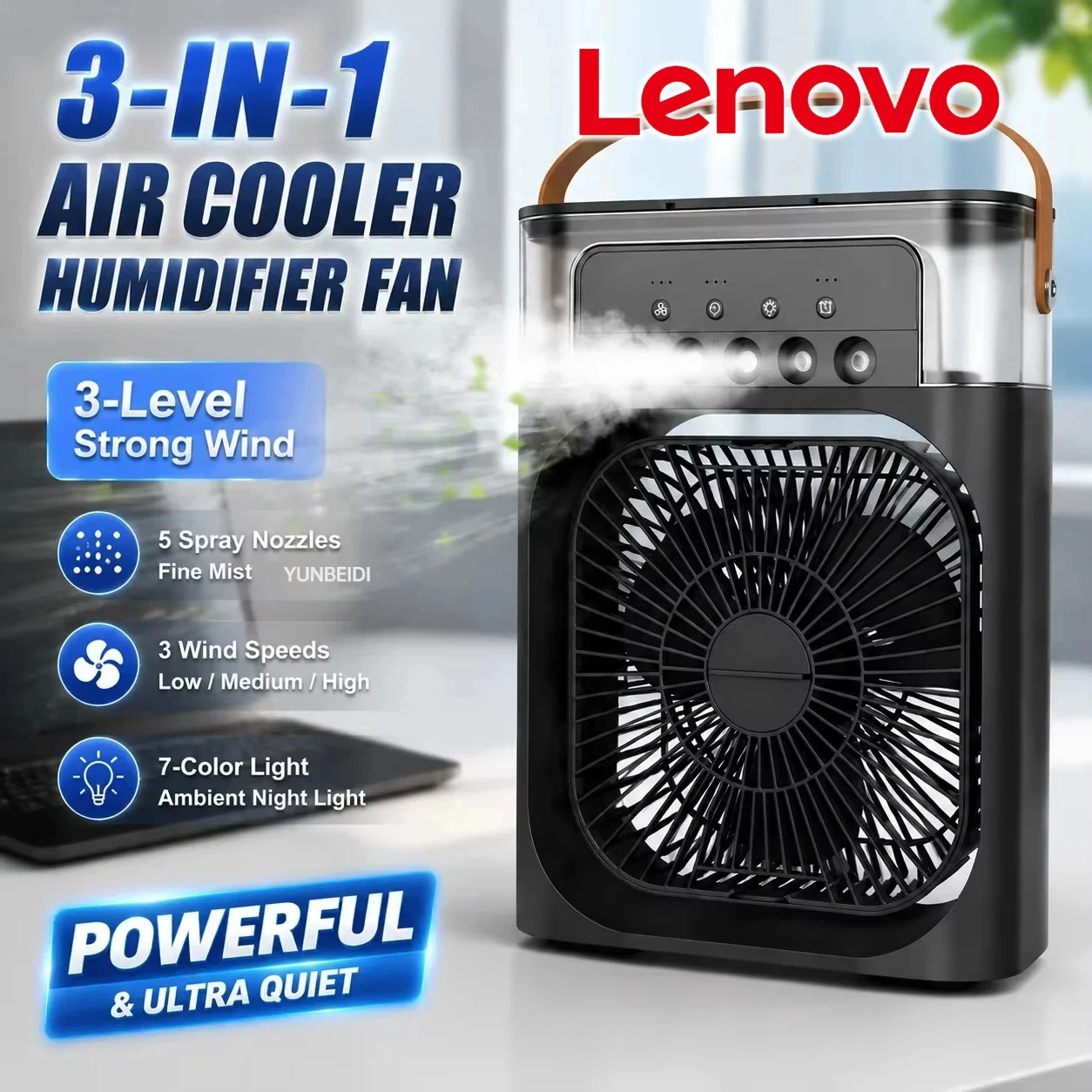 Lenovo Air Conditioner Ice Fan Mini USB Portable Air Cooler Humidifier Water Mist Spray LED Night Light Desktop Cooling Fan 1
