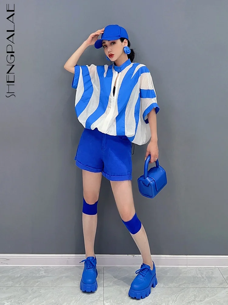 SHENGPALAEFashionWomensTshirtStandCollarZipperStripedShortSleeveSunscreenCasual