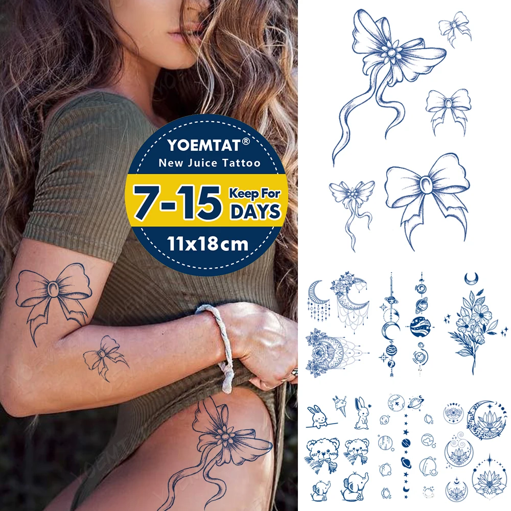 

Genipin Herbal Waterproof Temporary Tattoo Sticker Juice Lasting Ink Body Art Bow Planet Henna Transfer Fake Tato Semi-Permanent