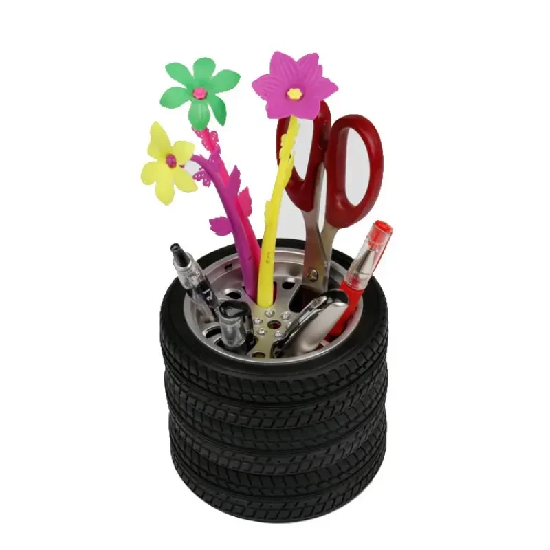 다기능 차량 휠 펜꽂이 연필 정리함, PP 플라스틱 펜 포트 보관 스탠드, 타이어 어셈블리, 데스크탑 필통