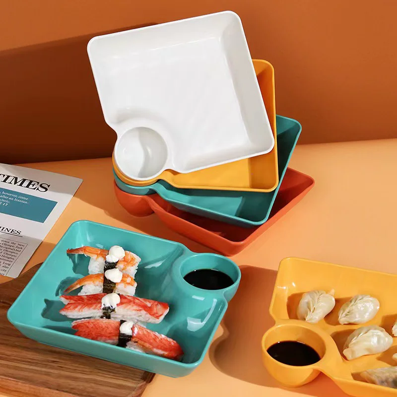

P​late French Two Cup-month Fries Kitchen Breakfast Snack Dumplings Dessert Bowl Dish Food Tray Tableware Square Divided Sauce