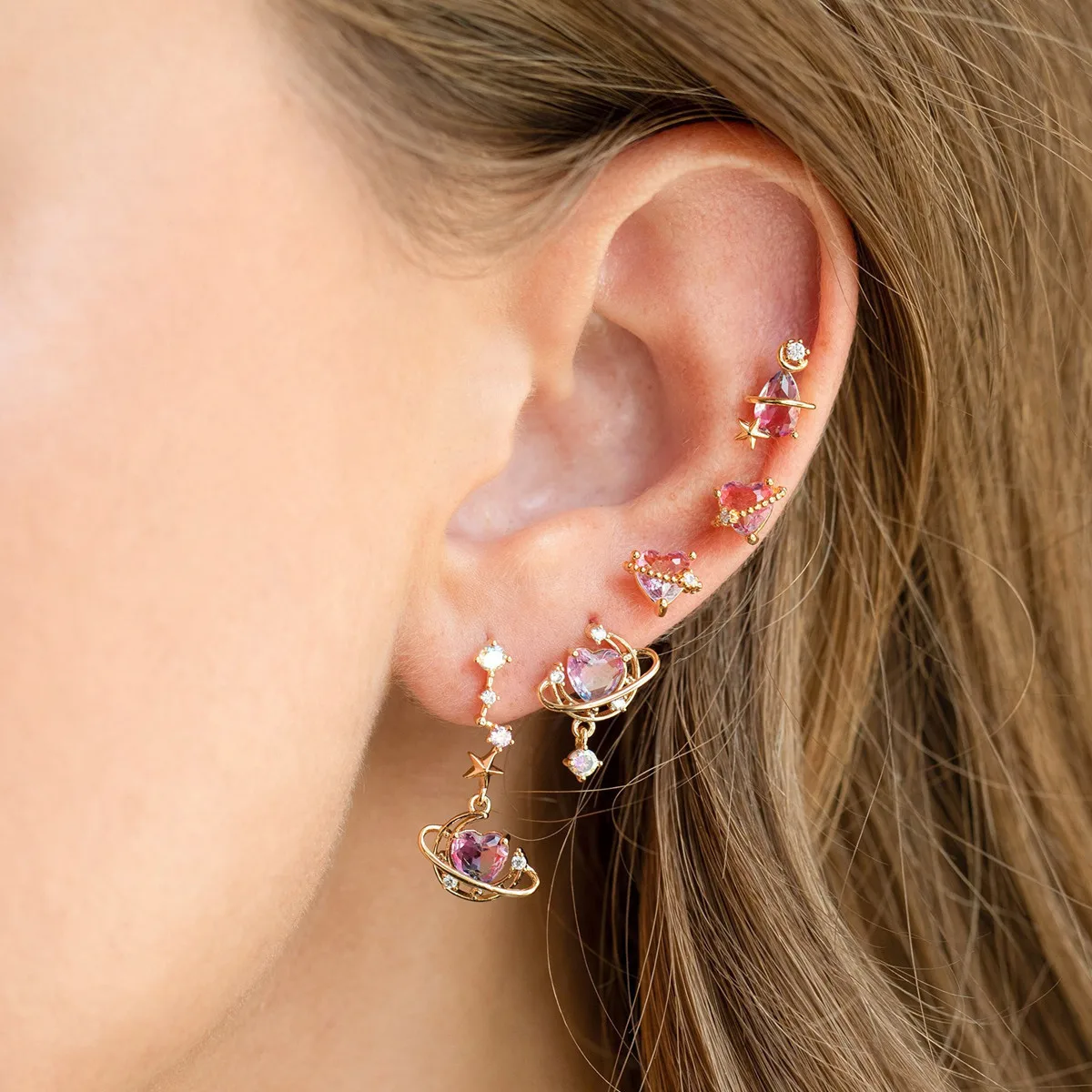 New ins Vintage Pink Heart Zircon Earring Gold-plated Exquisite Universe Moon Stud Earrings Set For Women Girls Fashion Jewelry 5
