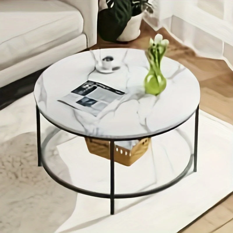 White Marble Round Coffee Table with Glass, 2- Tier Circle Coffee Table with Storage, White & Black