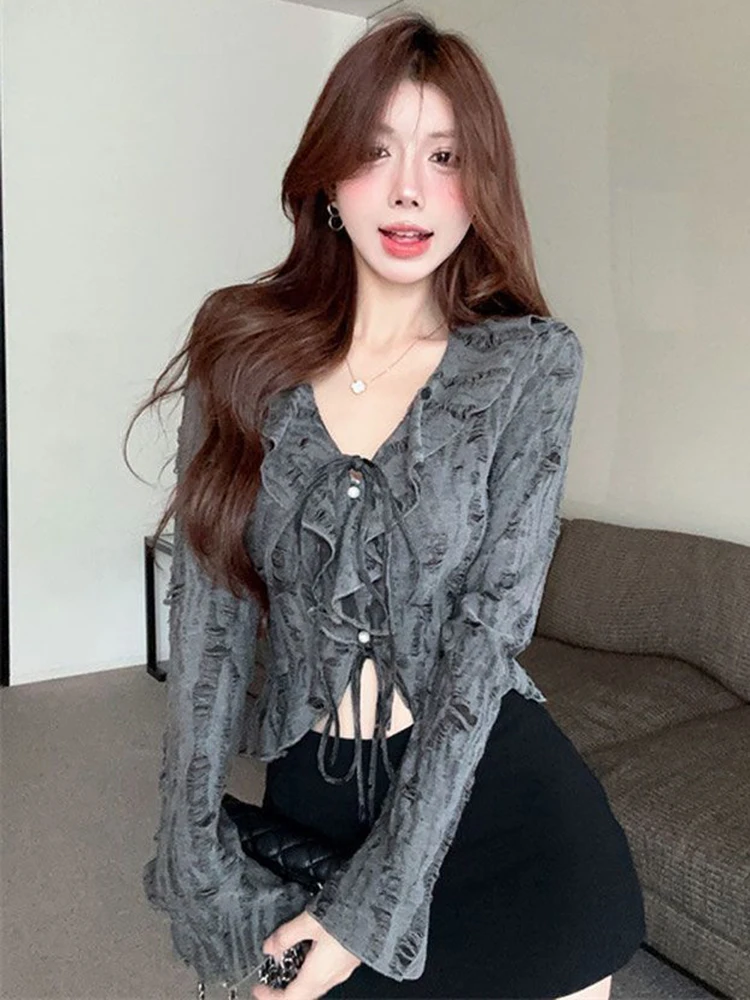 [최신|인기상품]여성가을블라우스 => 하라주쿠 홀 여성 회색 블라우스, 스트리트웨어 러플, 긴 소매 Y2k 크롭 셔츠, 여성 가을 한국 슬림 V넥 빈티지 탑 [ChinaNOW | 추천상품]