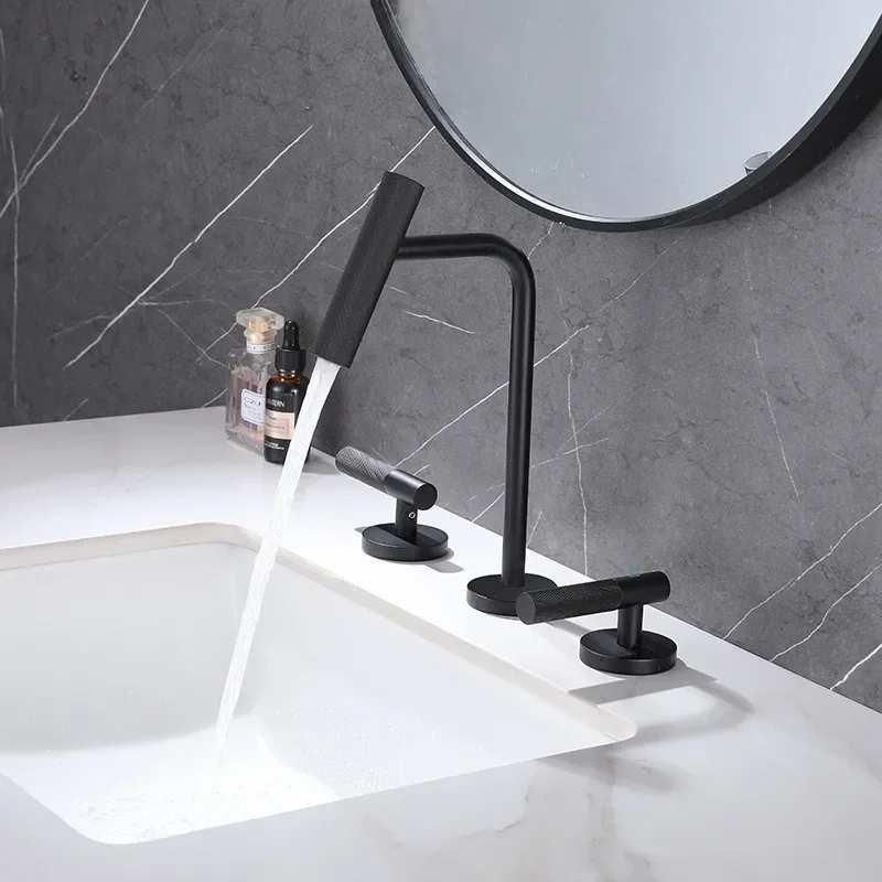 

Brushed Gold Basin Faucet Total Brass Gray Bathroom Faucet Widespread Sink Faucet 3 Hole Hot and Cold Black Water Tap