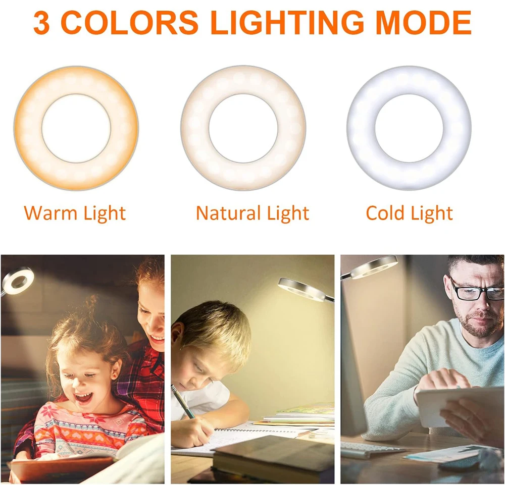 LED Reading Lights 360°Flexible Gooseneck Dimmable Table Lamp Clip On Indoor Bedroom Eye Protection Desk Light Book Clamp Lamp 4