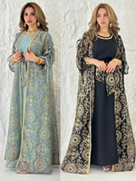 Eid Muslim Abayas for Women Party 2 Piece Set Embroidery Cardigan Robe Lace Up Dress Morocco Kaftan Islam Ramadan Dubai Vestidos 1