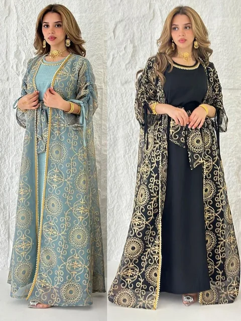 Eid Muslim Abayas for Women Party 2 Piece Set Embroidery Cardigan Robe Lace Up Dress Morocco Kaftan Islam Ramadan Dubai Vestidos 1