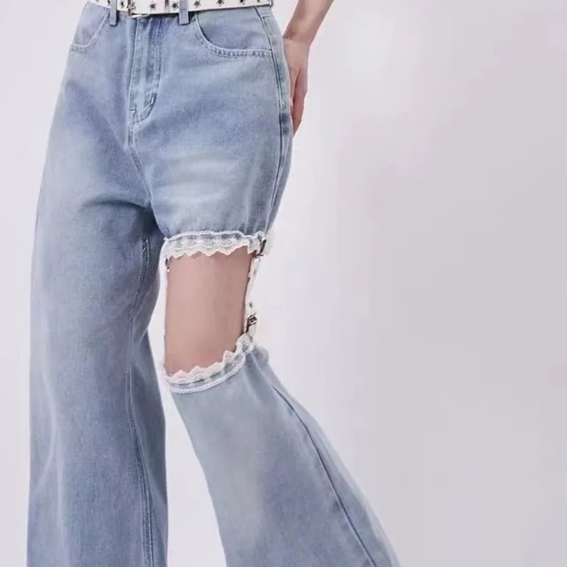Jeans Women Summer New Ins Hottie Lace Hollowing Out Splicing Pendant Straight Cylinder Trousers Tide